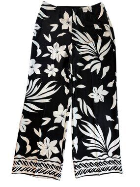 NWT Worthington Wide Leg Pants 14 Black White Tropical Print Floral Palazzo‎